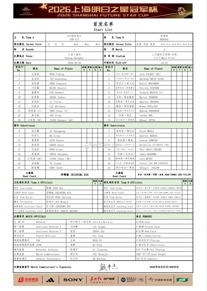 U17国足vs阿森纳U17首发:邝兆镭赵松源潘朝伟周雨诺先发